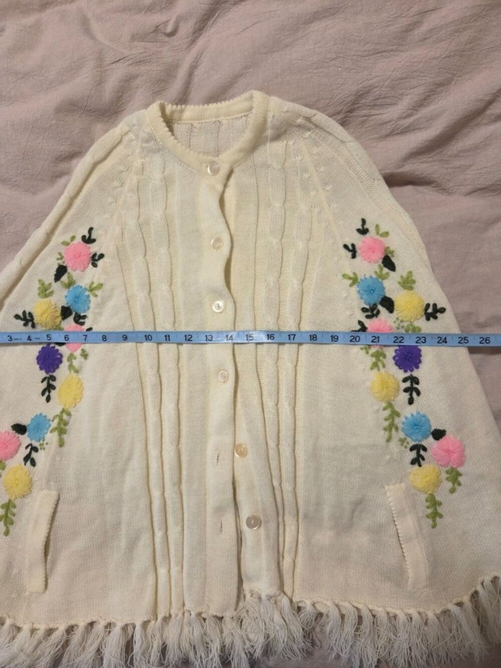 Vtg Cream Knit Cape Floral Embroidery 12 -14 Fringe Hem Button prairie cottage - Picture 5 of 6